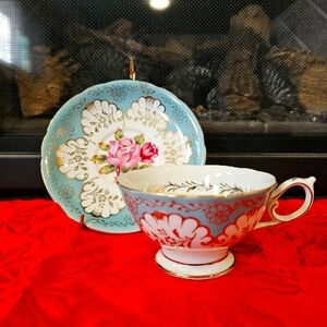 Shafford Bone China Tea Cup & Saucer Set featuring Cabbage Rose Flowers.